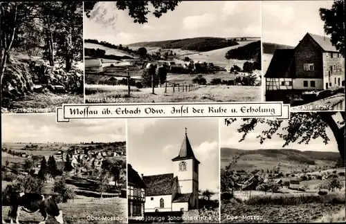 Ak Ober Mossau Mossautal im Odenwald, Johanniterkirche, Panorama, Untermossau, Alte Mühle