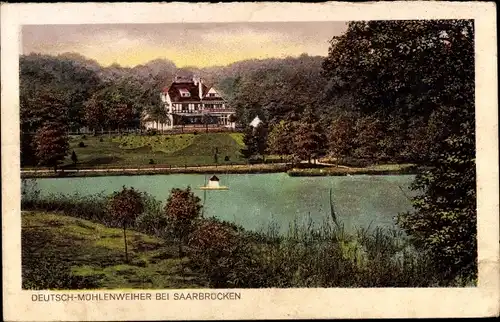 Ak Saarbrücken, Deutsch Mühlenweiher, Blick übers Wasser