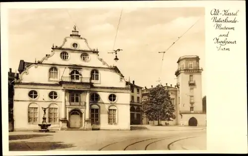 Ak Kassel in Hessen, Naturkundemuseum und Zwehrener Turm, Brunnen