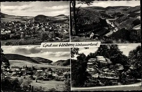 Ak Hesborn Hallenberg im Sauerland, Panorama vom Ort, Kuckuckfelsen