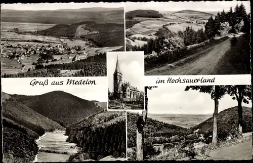 Ak Medelon Medebach im Sauerland, Panorama vom Ort, Kirche, Teilansichten
