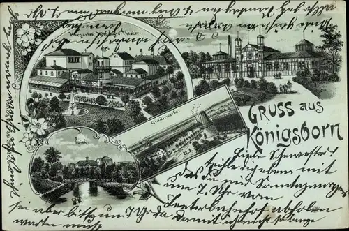 Mondschein Litho Königsborn Unna im Ruhrgebiet, Kurgarten, Theater, Badehaus, Gradierwerk, Teich