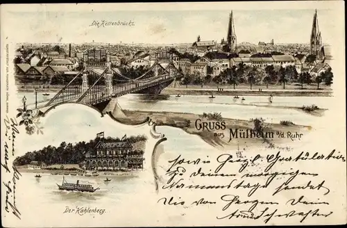 Litho Mülheim an der Ruhr, Panorama mit Kettenbrücke, Kahlenberg