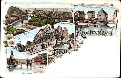 Litho Bad Kreuznach in Rheinland Pfalz, Kurhaus, Rheingrafenstein, Kauzenburg, Brückenhäuser