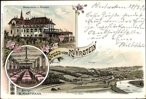 Litho Essen im Ruhrgebiet, Restauration zum Ruhrstein, Bes. W. Hartmann, Villa Hügel