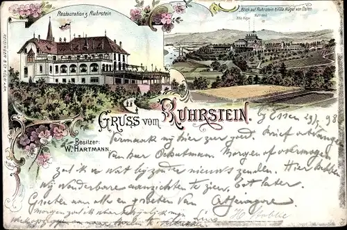 Litho Essen im Ruhrgebiet, Restaurant zum Ruhrstein, Inh. W. Hartmann, Villa Hügel