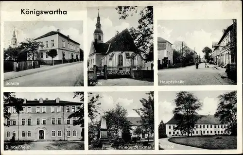 Ak Königswartha, Hauptstraße, Kirche, Schule, Blindenheim, Kriegerdenkmal
