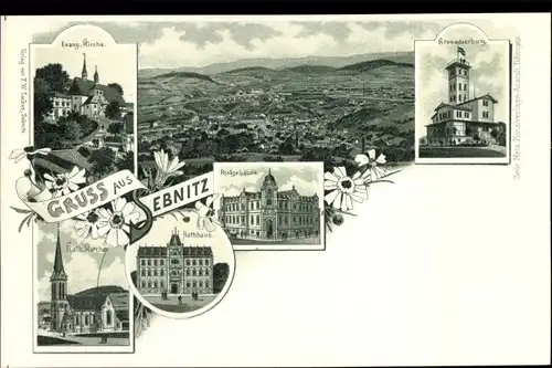Litho Sebnitz in Sachsen, Kirche, Postgebäude, Rathaus, Grenadierburg, Panorama vom Ort