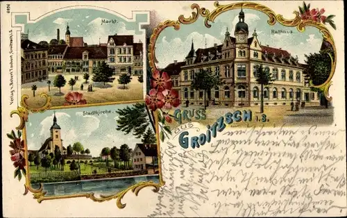 Litho Groitzsch in Sachsen, Rathaus, Stadtkirche, Markt