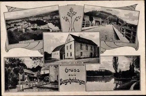 Mini Ak Burgscheidungen Laucha an der Unstrut, Gasthof Beyer, Neue Brücke, Blick vom Schloss