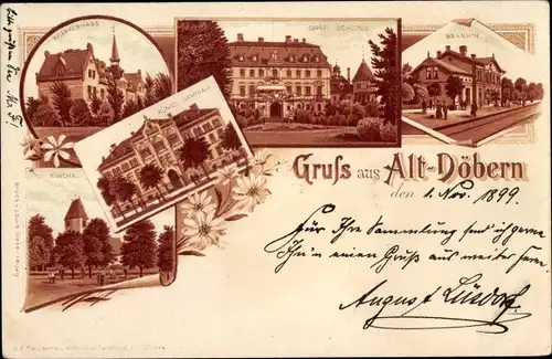 Litho Altdöbern in der Niederlausitz, Krankenhaus, Schloss, Bahnhof, Seminar, Kirche