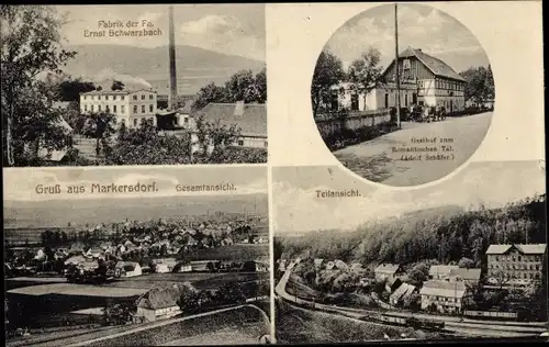 Ak Markersdorf Oberlausitz Sachsen, Fabrik Firma Ernst Schwarzbach, Gasthof zum Romantischen Tal