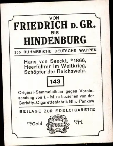 Sammelbild Ruhmreiche deutsche Wappen Bild 143 Hans von Seeckt, Heerführer im Weltkrieg