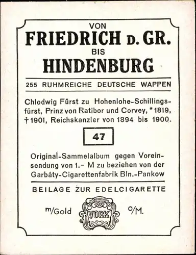 Sammelbild Ruhmreiche deutsche Wappen Bild 47, Chlodwig Fürst zu Hohenlohe-Schillingsfürst