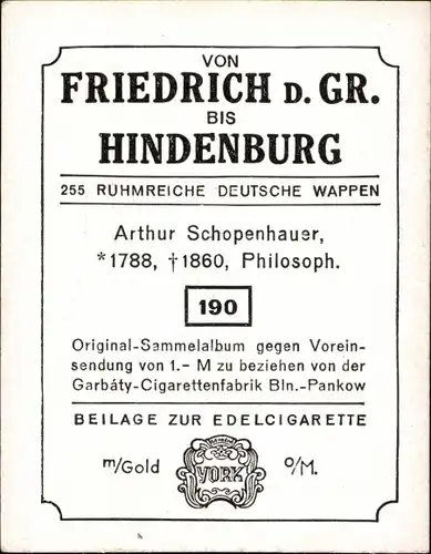 Sammelbild Ruhmreiche deutsche Wappen Bild 190 Arthur Schopenhauer, 1788-1860, Philosoph