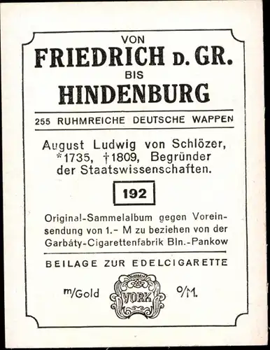 Sammelbild Ruhmreiche deutsche Wappen Bild 192 August Ludwig v. Schlözer, Staatswissenschaftler