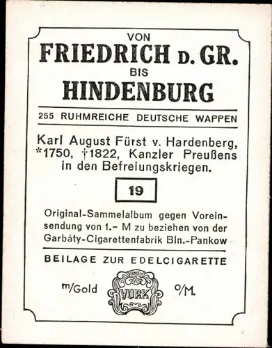 Sammelbild Ruhmreiche deutsche Wappen Bild 19, Karl August Fürst v. Hardenberg, Kanzler, Preußen