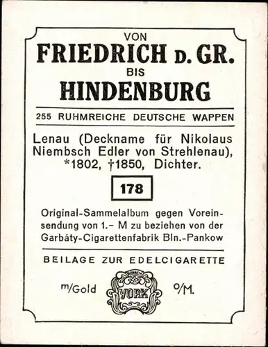 Sammelbild Ruhmreiche deutsche Wappen Bild 178, Lenau, Nikolaus Niembsch Edler v. Strelau, Dichter