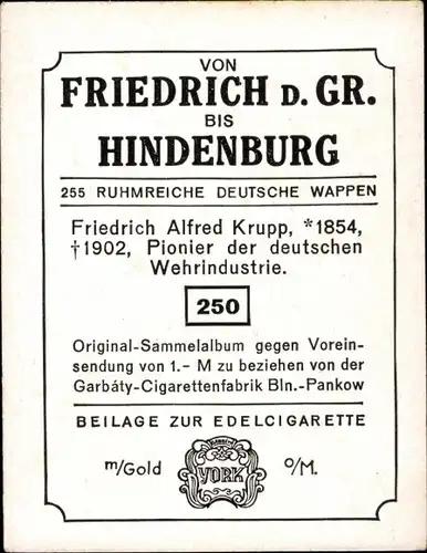 Sammelbild Ruhmreiche deutsche Wappen Bild 250 Friedrich Alfred Krupp