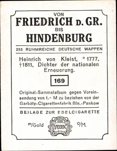 Sammelbild Ruhmreiche deutsche Wappen Bild 169 Heinrich von Kleist, Dichter