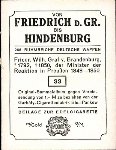 Sammelbild Ruhmreiche deutsche Wappen Bild 33 Friedrich Wilhelm Graf v. Brandenburg