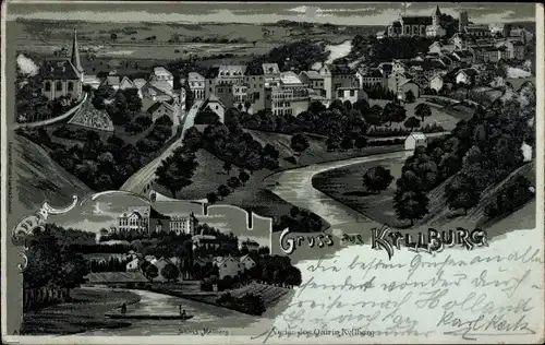 Mondschein Litho Kyllburg in der Eifel, Gesamtansicht, Schloss