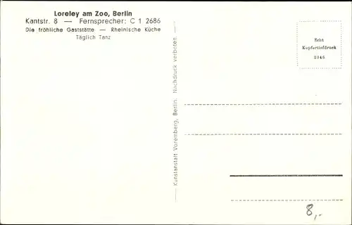 Ak Berlin Tiergarten, Loreley am Zoo, Wein- und Bierdorf, Tanzparkett, Kantstraße 8