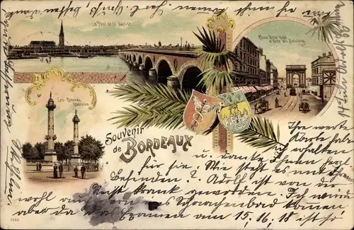 Litho Bordeaux Gironde, Pont, Colonnes, Cours Victor Hugo, Porte, Wappen