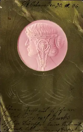 Präge Jugendstil Ak Frauenbildnis im Profil, Kopfschmuck