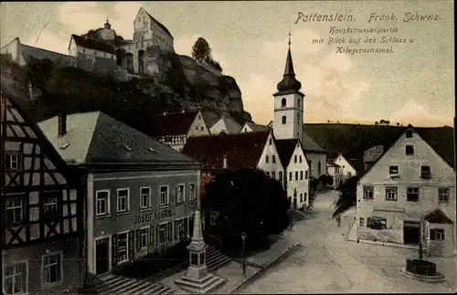 Ak Pottenstein Oberfranken, Hauptstraßenpartie, Schloss, Kriegerdenkmal, Gasthaus Josef Rohrig