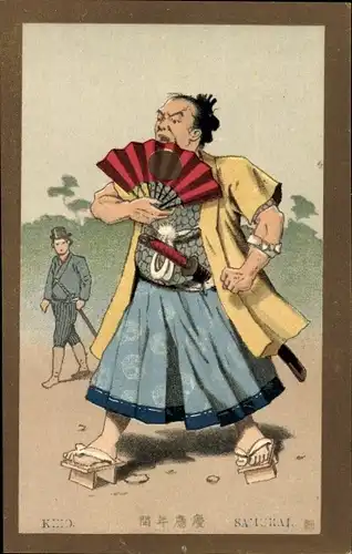 Künstler Ak Japan, Keio, Samurai, Fächer, Geta Schuhe, Samuraischwert