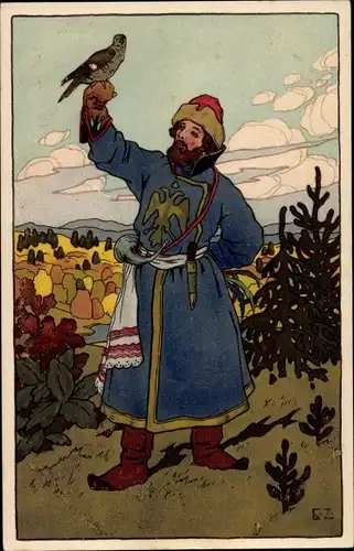 Künstler Litho Mann in russischer Tracht mit Falke