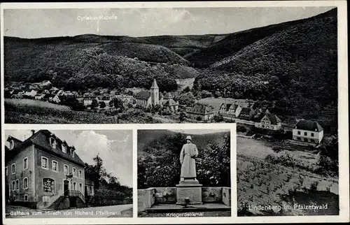 Ak Lindenberg in der Pfalz, Gasthaus zum Hirsch, Kriegerdenkmal, Cyriakus Kapelle