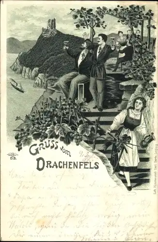 Litho Königswinter im Rhein Sieg Kreis, Drachenfels, Männer mit Wein