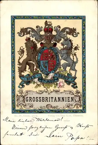 Wappen Ak Wappen des Vereinigten Königreichs, Löwe, Einhorn, Dieu et mon droit, Gott und mein Recht