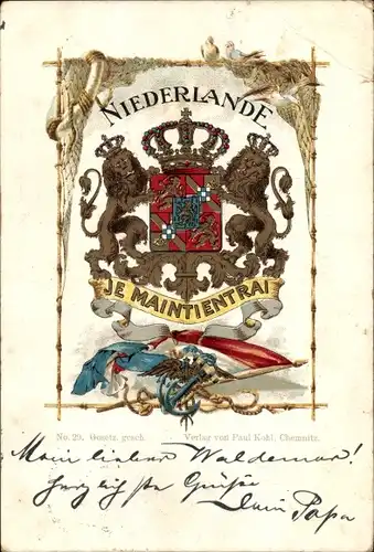 Wappen Litho Niederlande, Löwen, Krone, Fahne, Je Maintientrai