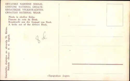 Künstler Ak Hrvatske Narodne Nosnje, Kroatische Volkstrachten, Brauttracht aus der Gegend von Sisak