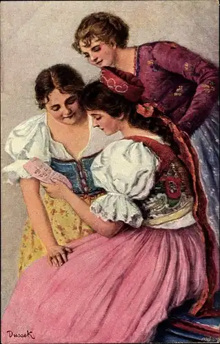 Künstler Ak Dussek, Drei junge Frauen in Tracht, Brief, BKWI 546-2