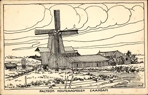 Künstler Ak Zaandam Nordholland, Paltrok Houtzaagmolen, Windmühle