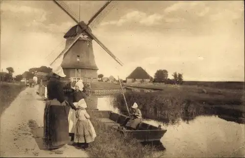 Ak Edam Volendam Nordholland, Molenzicht, Windmühle, Kinder und Frau in Tracht