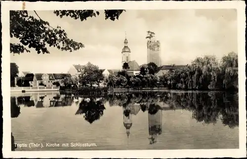 Ak Triptis in Thüringen, Schlossturm, Kirche, Teich