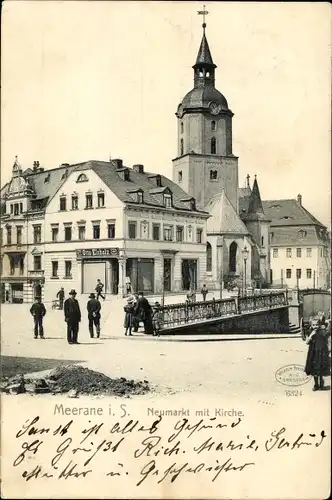 Ak Meerane in Sachsen, Neumarkt mit Kirche, Geschäft Otto Elsholz, Passanten