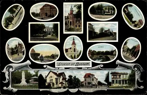Ak Bussum Nordholland Niederlande, Kirche, Bahnhof, Eisenbahn, Denkmal