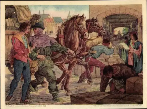 Künstler Ak Gruner, Erich, Leipzig, Leipziger Messe Anno 1433, Pferde, Errichtung von Stapellagern