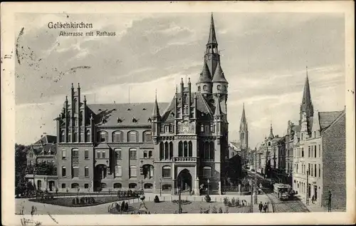 Ak Gelsenkirchen, Ahstraße mit Rathaus, Straßenbahn