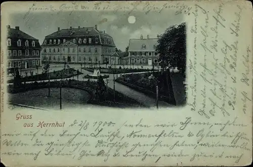 Mondschein Ak Herrnhut in der Oberlausitz Sachsen, Platz