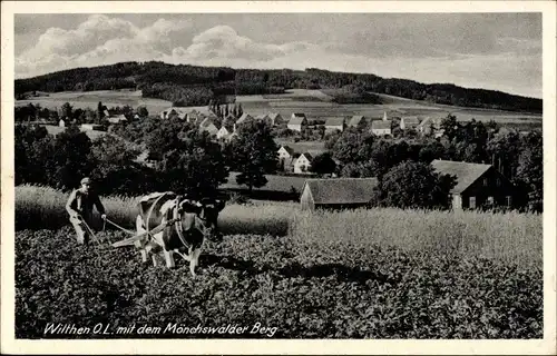 Ak Wilthen Oberlausitz, Panorama mit Mönchswalder Berg, Bauer, Rinderpflug