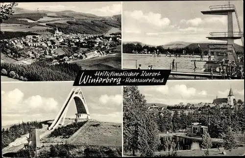 Ak Winterberg im Sauerland, Schwimmbad, Sprungschanze, Ortsansicht