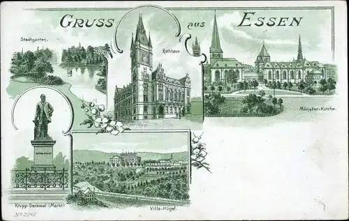 Litho Essen im Ruhrgebiet, Rathaus, Münsterkirche, Stadtgarten, Krupp Denkmal, Villa Hügel
