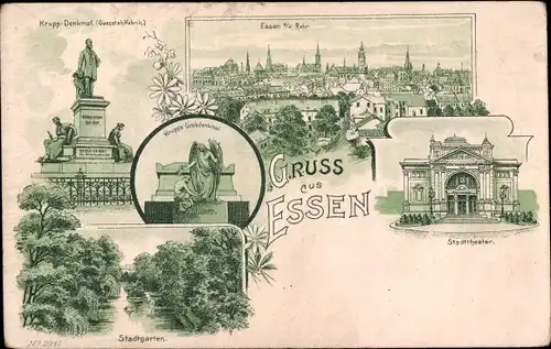 Litho Essen im Ruhrgebiet, Panorama, Kruppdenkmal, Stadttheater, Stadtgarten, Krupp Grabdenkmal